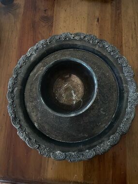 Ornate Round Silver Plate Serving Tray with Center Bowl for Dip, Vintage